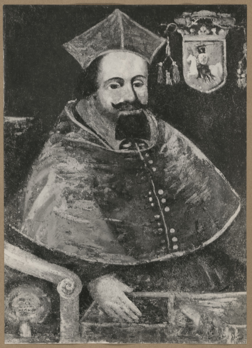 Pałac biskupów - wnętrze, d. sala jadalna, ściana wschodnia, fryz - polichromia, portret bpa Fryderyka Jagiellończyka kard., malował Dolabella, , skan 1