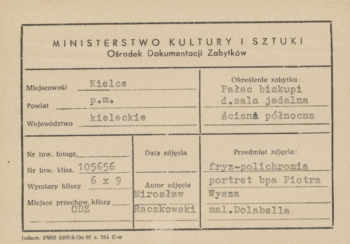 Pałac biskupów - wnętrze, d. sala jadalna, ściana północna, fryz - polichromia, portret bpa Piotra Wysza - metryczka, skan 1