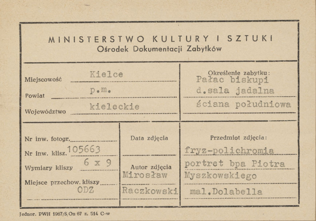 Pałac biskupów - wnętrze, d. sala jadalna, ściana południowa, fryz - polichromia, portret biskupa Piotra Myszkowskiego - metryczka, skan 1
