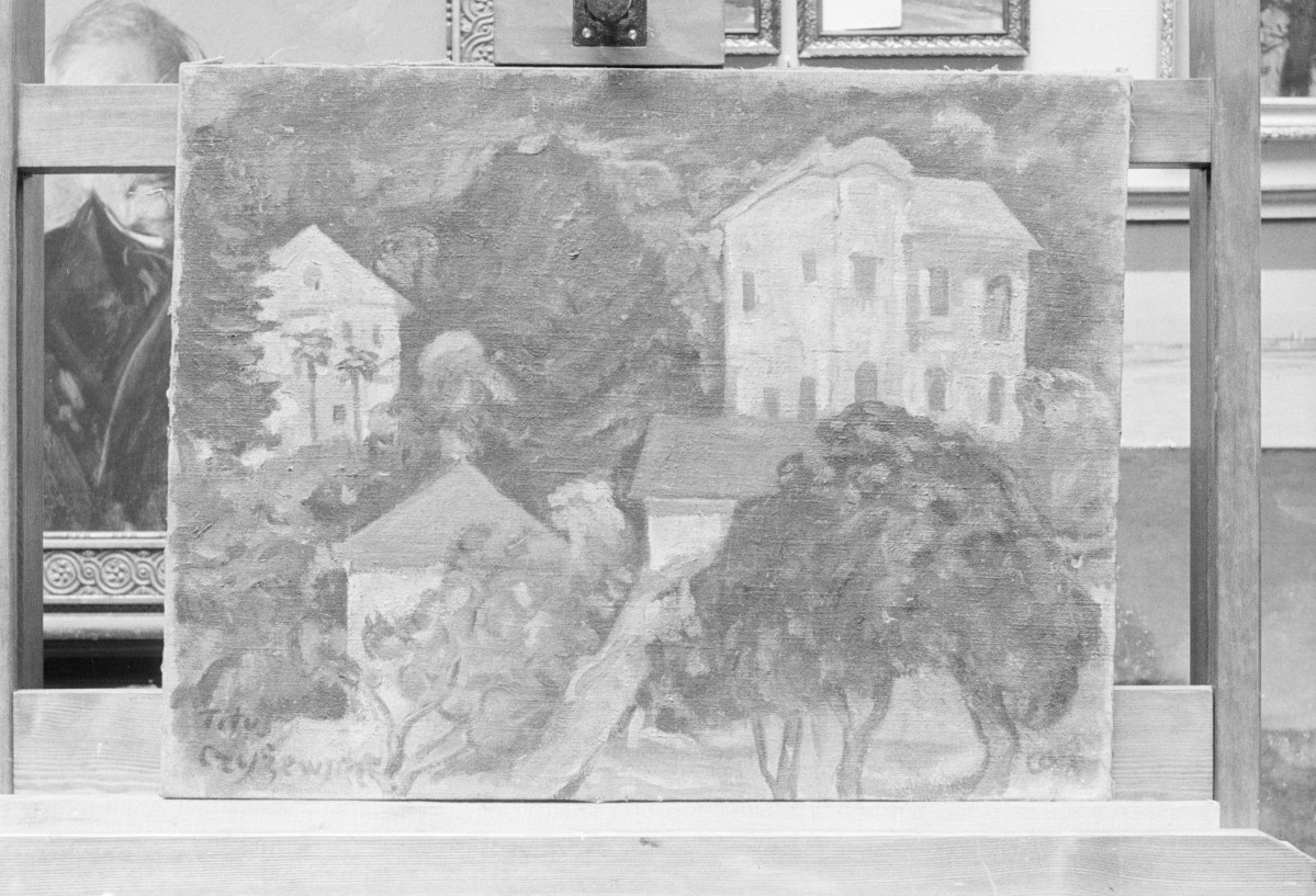 Tytus Czyżewski - krajobraz z architekturą, olej na płótnie, Muzeum Sztuki w Łodzi, skan 1