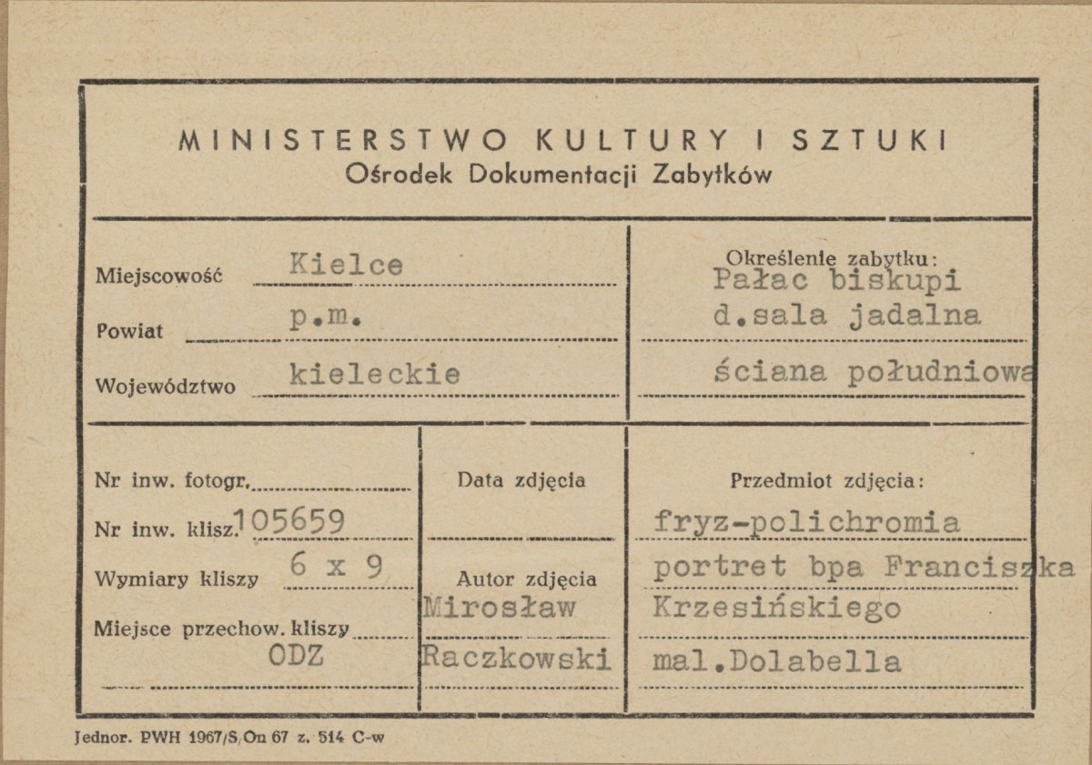 Pałac biskupów - wnętrze, d. sala jadalna, ściana południowa, fryz - polichromia, portret bpa Franciszka Krzesińskiego, - metryczka, skan 1