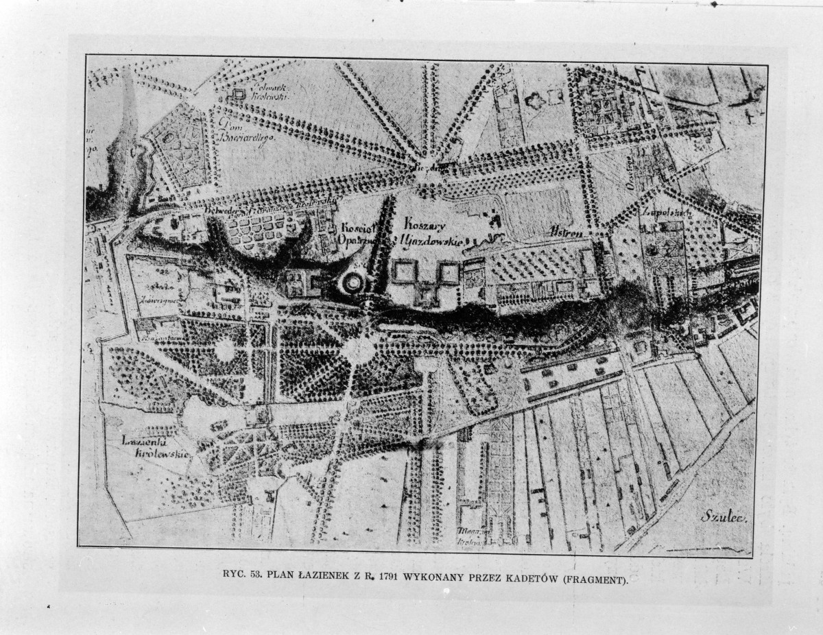 Mapa parku Łazienkowskiego. Wykonany przez kadetów (1791)
Reprodukcja z W. Tatarkiewicz "Pięć studiów o Łazienkach St. Augusta" 1925, skan 1