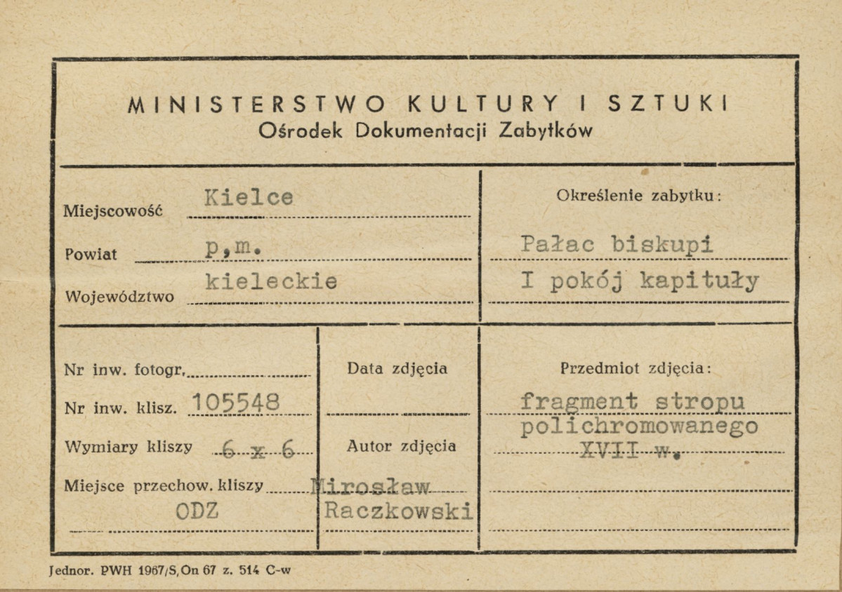 Pałac biskupów - wnętrze , I pokój kapituły,  fragment polichromii stropu - metryczka, skan 1