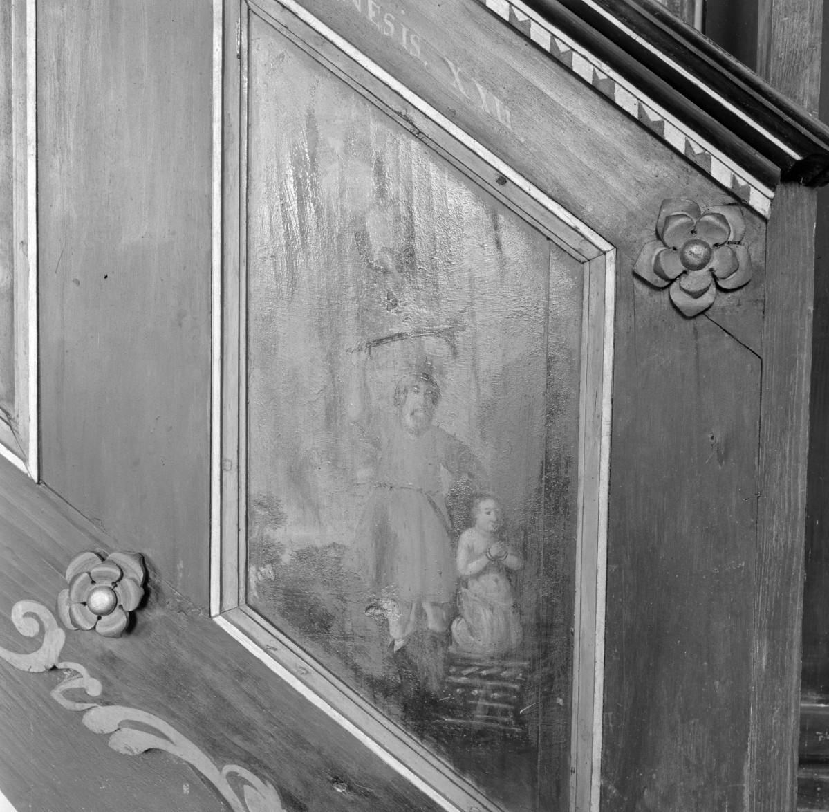 kościół filialny pw. św. Barbary - wnętrze: ambona, fragment balustrady - malowidło, skan 1
