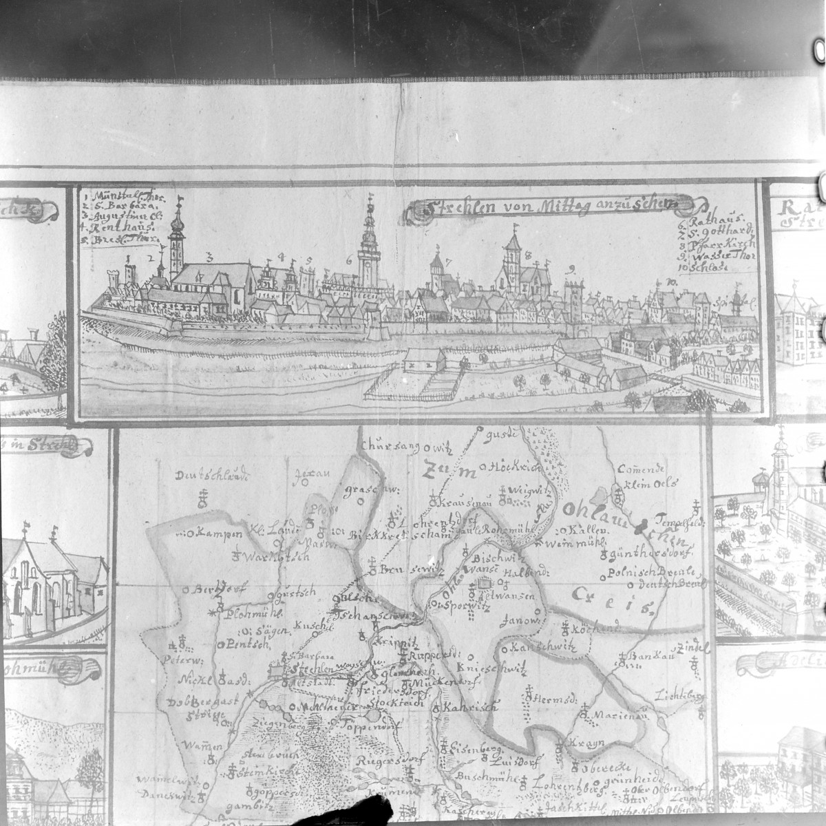 Panorama miasta. Rycina z "Topografii Śląska" autorstwa Friedricha Bernharda Wernera. , skan 1