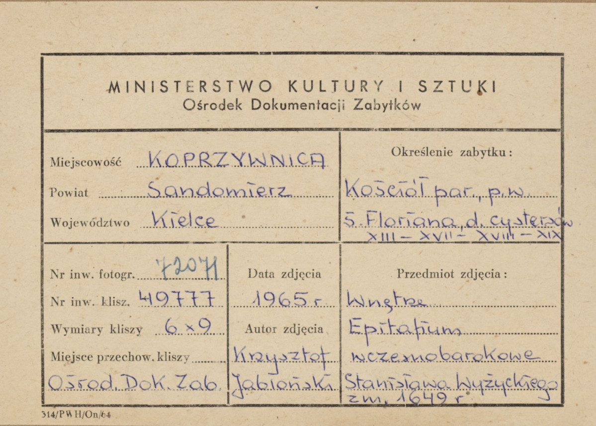 Zespół klasztorny - kościół, wnętrze, widok epitafium Stanisława Wyżyckiego - metryczka, skan 1