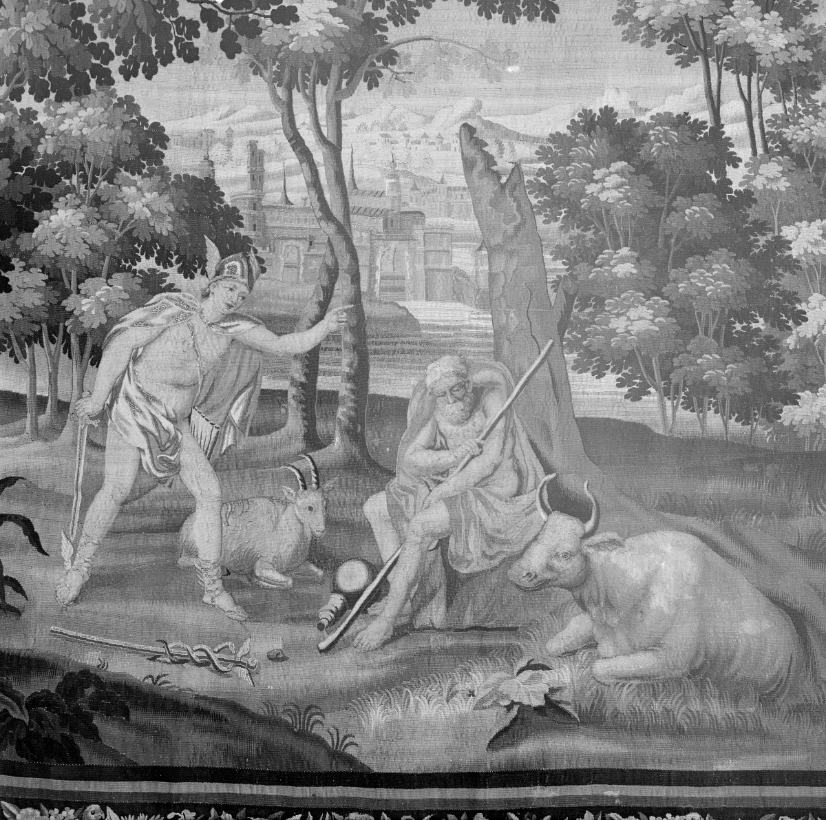 Muzeum Narodowe - Gobelin "Hermes usypiający Argusa". Detale. Scena., skan 1