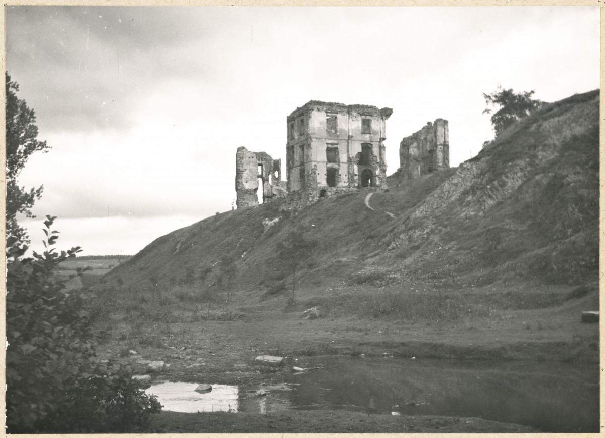 Ruiny zamku biskupów krakowskich - widok ogólny od strony wody, skan 1