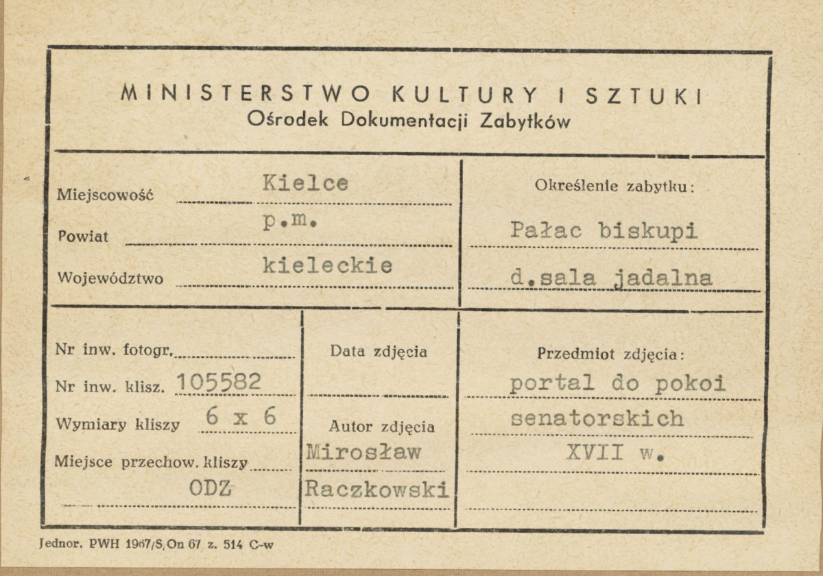 Pałac biskupów - wnętrze, d. sala jadalna, portal do pokoi senatorskich - metryczka, skan 1