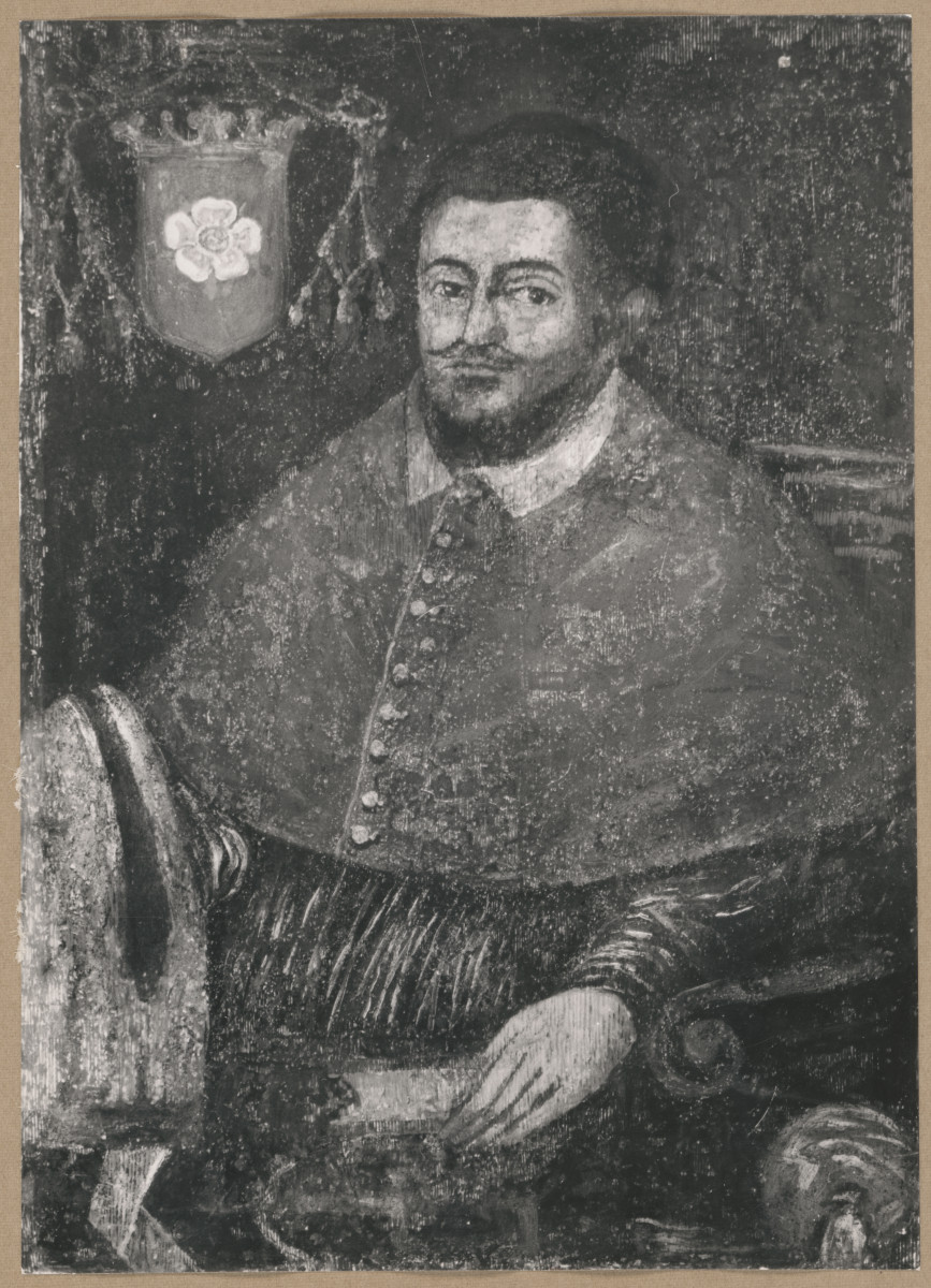 Pałac biskupów - wnętrze, d. sala jadalna, ściana północna, fryz - polichromia, portret bpa Zawiszy Kurozwęskiego, skan 1