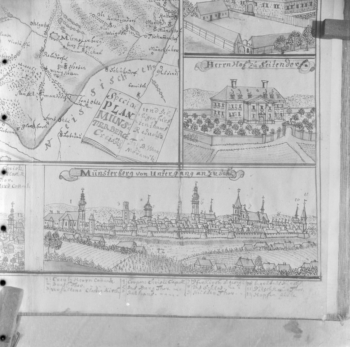 Założenie pałacowe. Rycina z "Topografii Śląska" autorstwa Friedricha Bernharda Wernera. , skan 1