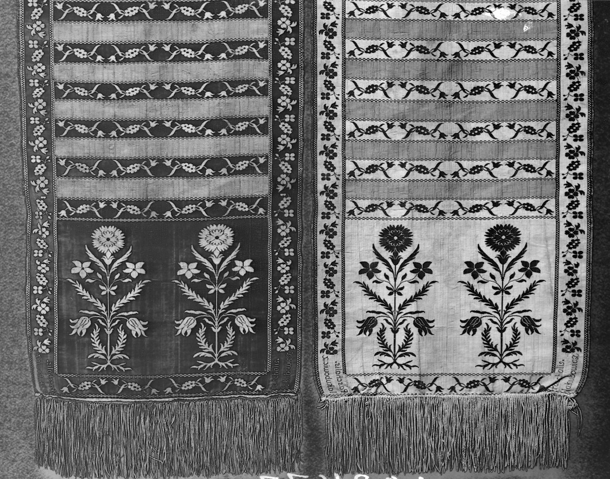 kościół pw. Wniebowzięcia Najświętszej Maryi Panny i św. Zygmunta - Muzeum Diecezjalne - zbiory - pas kontuszowy N 46 Paschalis Jakubowicz - fragment, skan 1