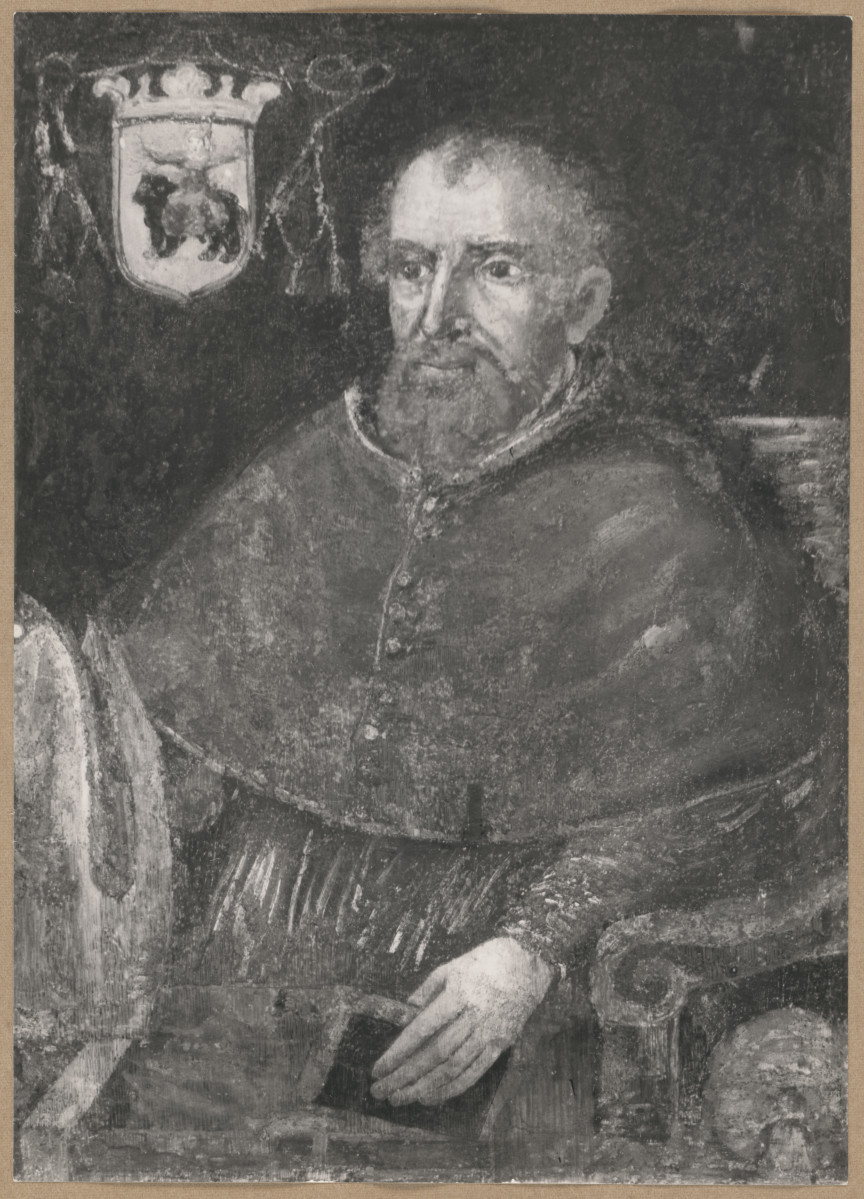 Pałac biskupów - wnętrze, d. sala jadalna, ściana północna, fryz - polichromia, portret Jana Grota, skan 1