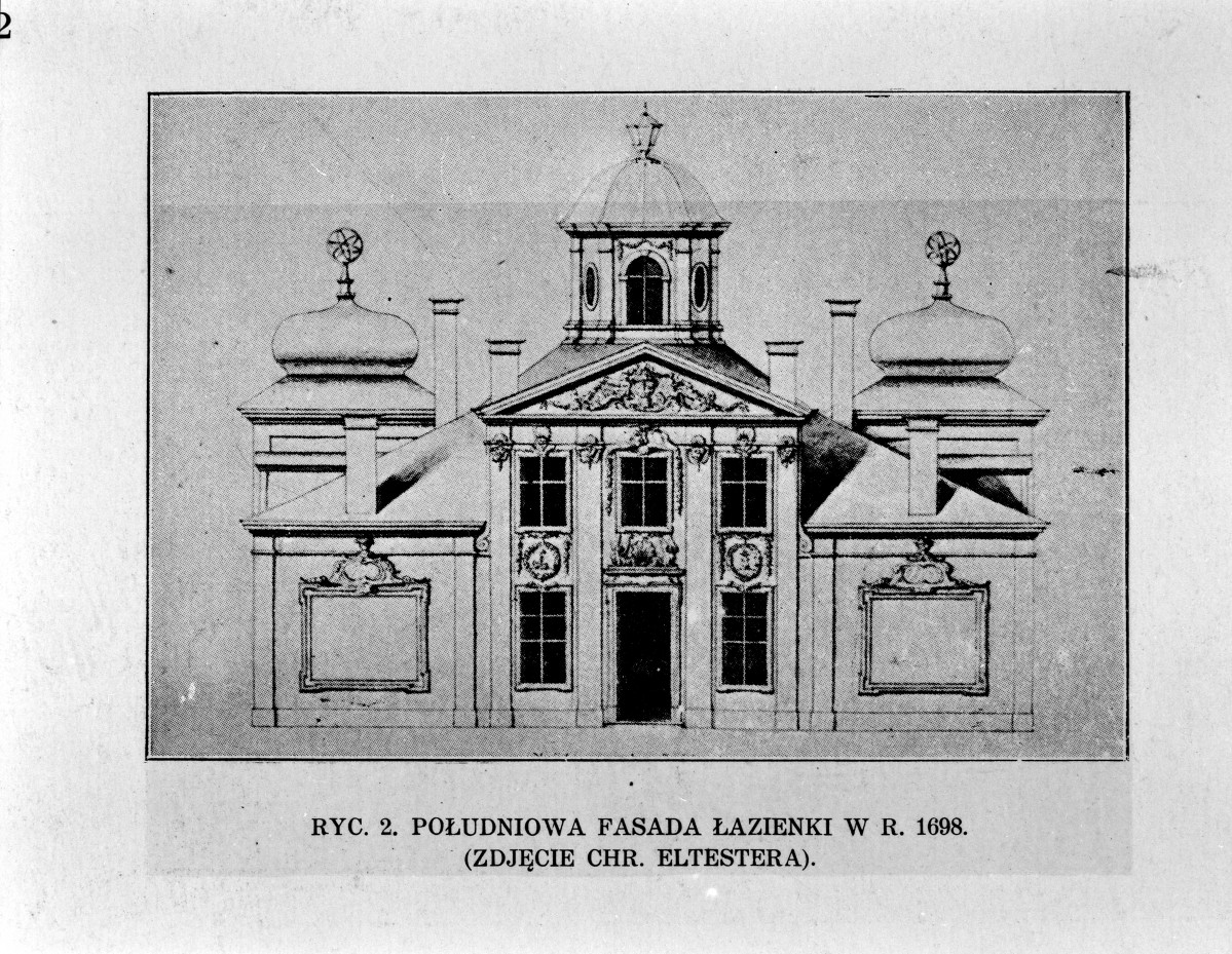 Pałac Łazienkowski w początkach panowania Stanisława Augusta. Południowa fasada z 1698 (zdjęcie Chr. Eltestera).
Reprodukcja z W. Tatarkiewicz "Pięć studiów w Łazienkach Stanisława Augusta" z 1925 roku., skan 1