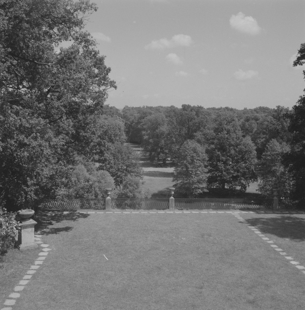 Zespół pałacowo - parkowy - park krajobrazowy - główna oś - widok z okna pałacu, skan 1