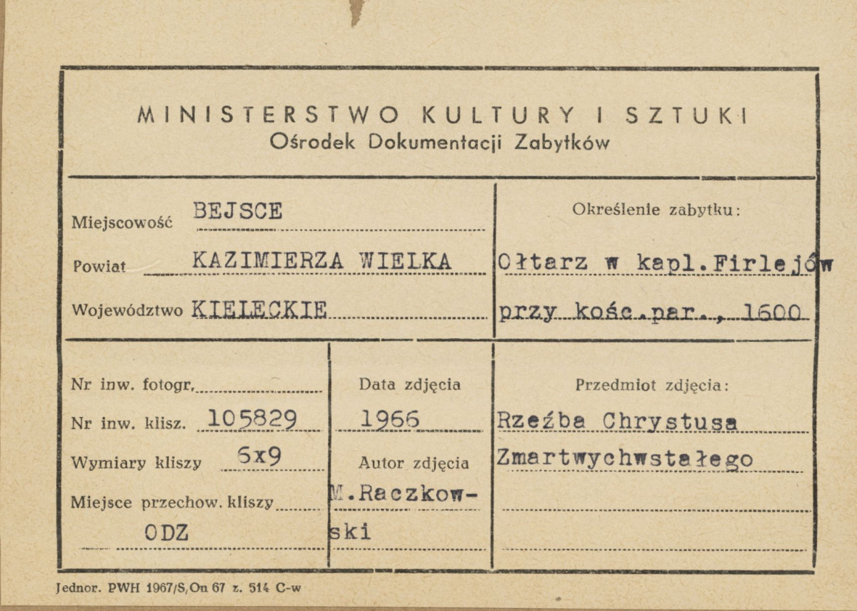 Kaplica Firlejów - ołtarz - rzeźba Chrystusa Zmartwychwstałego - metryczka, skan 1