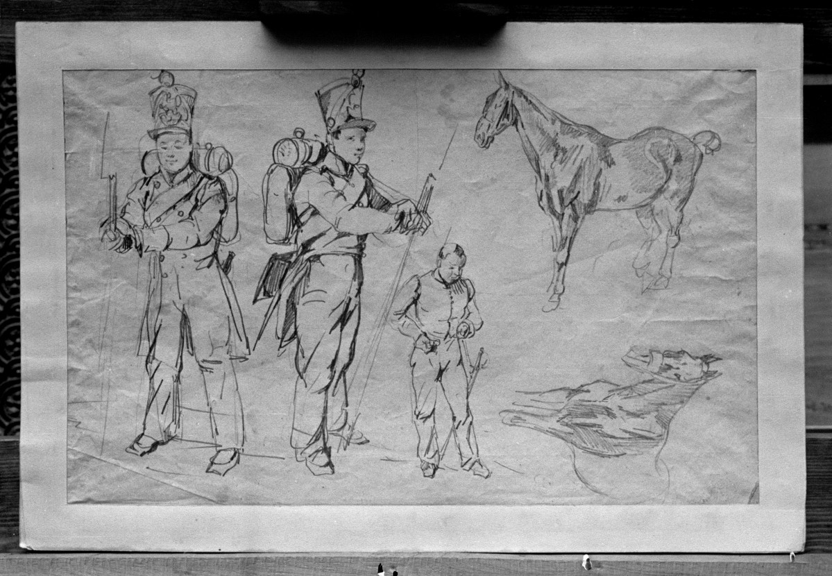 Muzeum Śląskie we Wrocławiu, obraz Michałowski Piotr - "Żołnierze i konie", ołówek 542x288 mm, skan 1