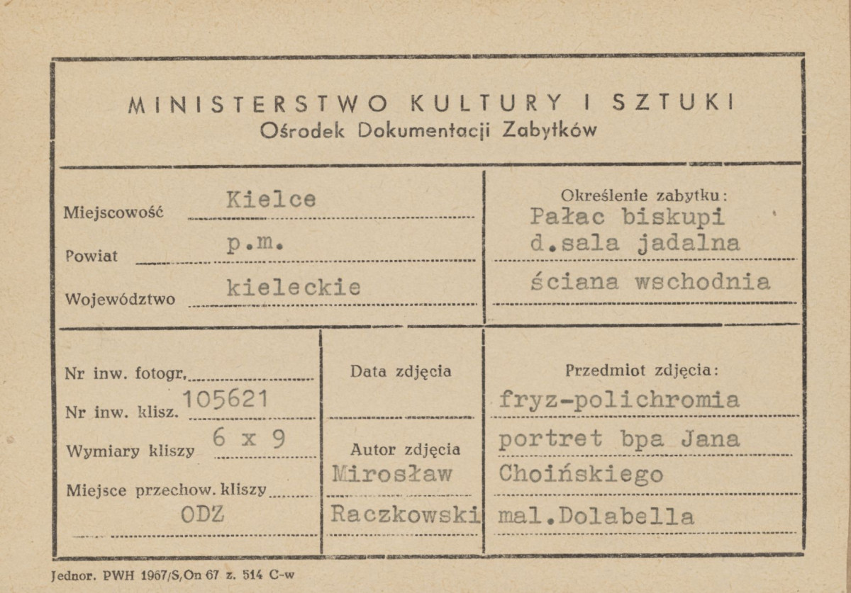 Pałac biskupów - wnętrze, d. sala jadalna, ściana wschodnia, fryz - polichromia, portret bpa Jana Choińskiego, malował Dolabella, - metryczka, skan 1