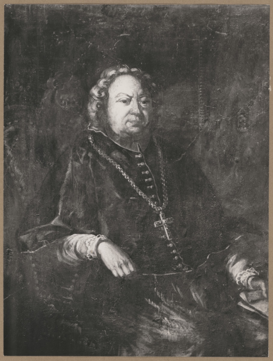 Pałac biskupów - wnętrze, d. sala jadalna, ściana północna, fryz - polichromia, portret bpa Felicjana  Szaniawskiego, skan 1