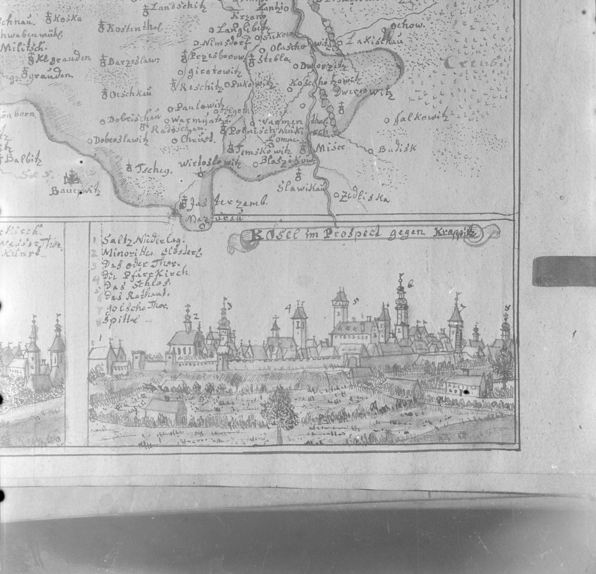 Panorama miasta. Rycina z "Topografii Śląska" autorstwa Friedricha Bernharda Wernera. , skan 1