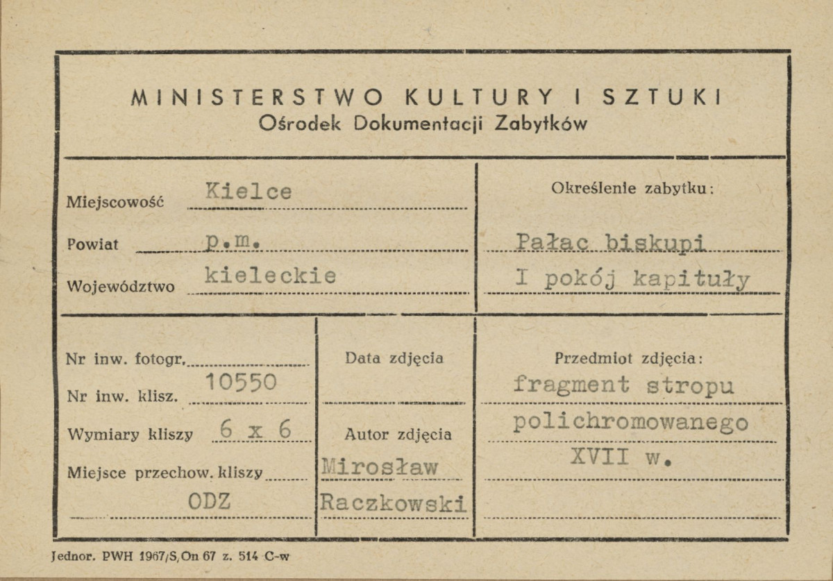 Pałac biskupów - wnętrze , I pokój kapituły,  fragment polichromii stropu - metryczka, skan 1