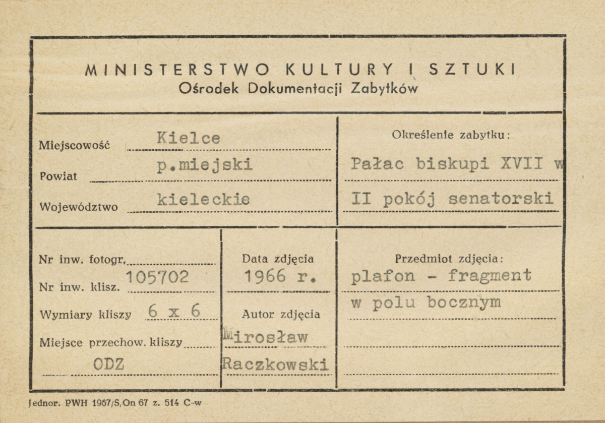 Pałac biskupów - wnętrze , II pokój senatorski , fragment plafonu, - metryczka, skan 1