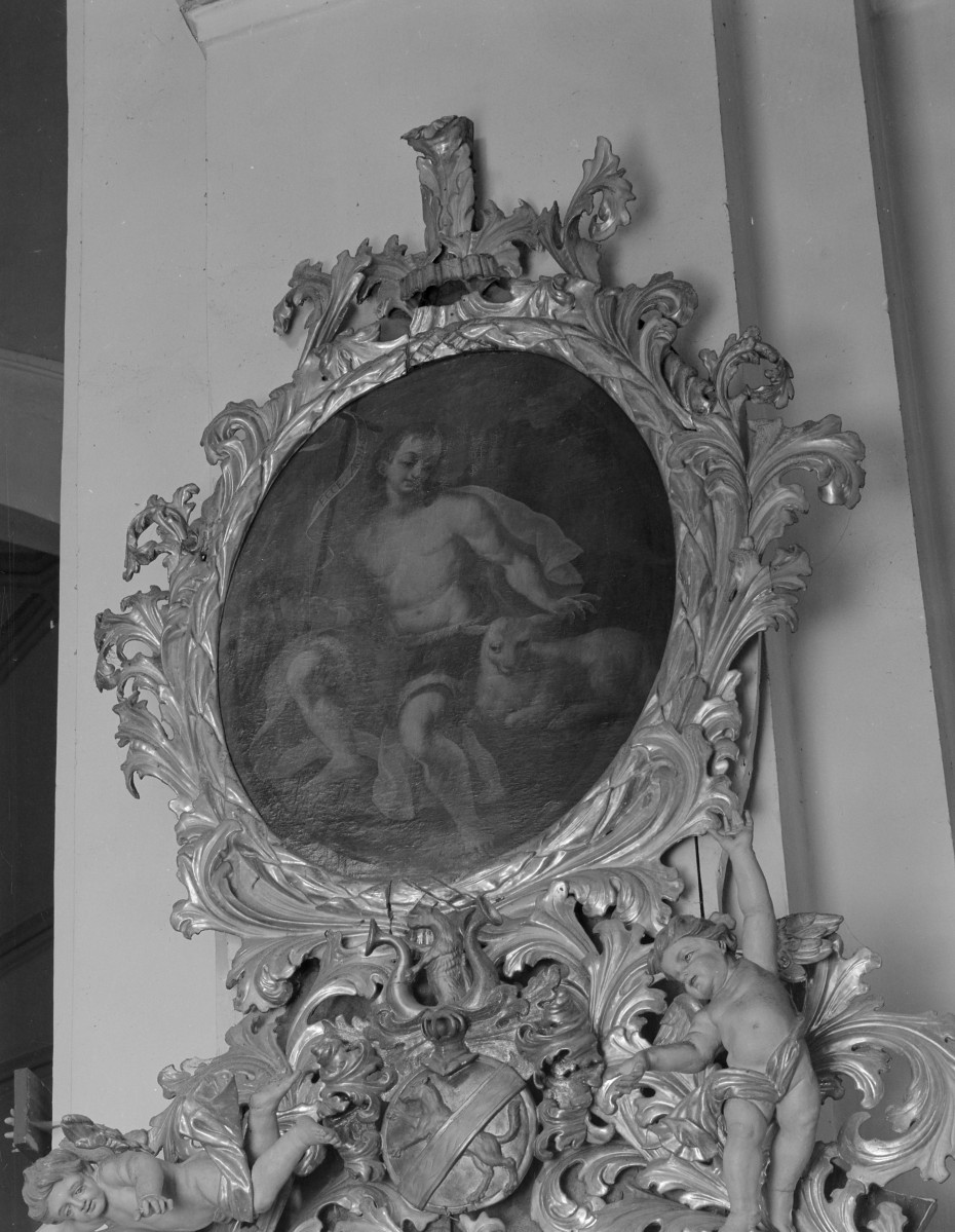 kościół pw. Wniebowzięcia Najświętszej Maryi Panny i św. Mikołaja - wnętrze - nawa główna - ołtarz boczny św. Józefa - fragment - zwieńczenie - św. Jan Chrzciciel, skan 1