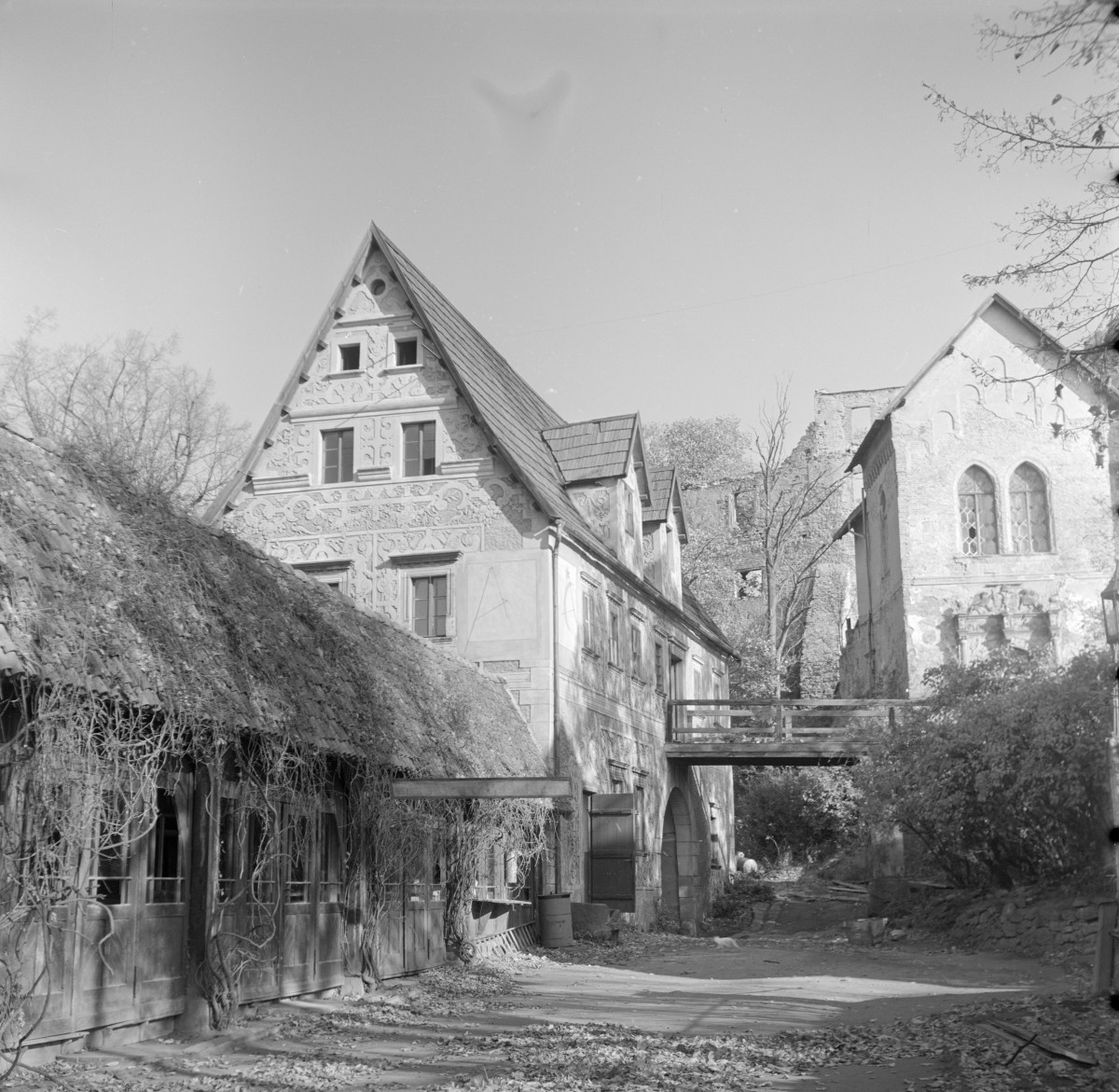 zamek Grodno - zamek dolny - widok na budynek bramnny ze sgraffito (po lewej) i wieżę przedbramną (po prawej), skan 1