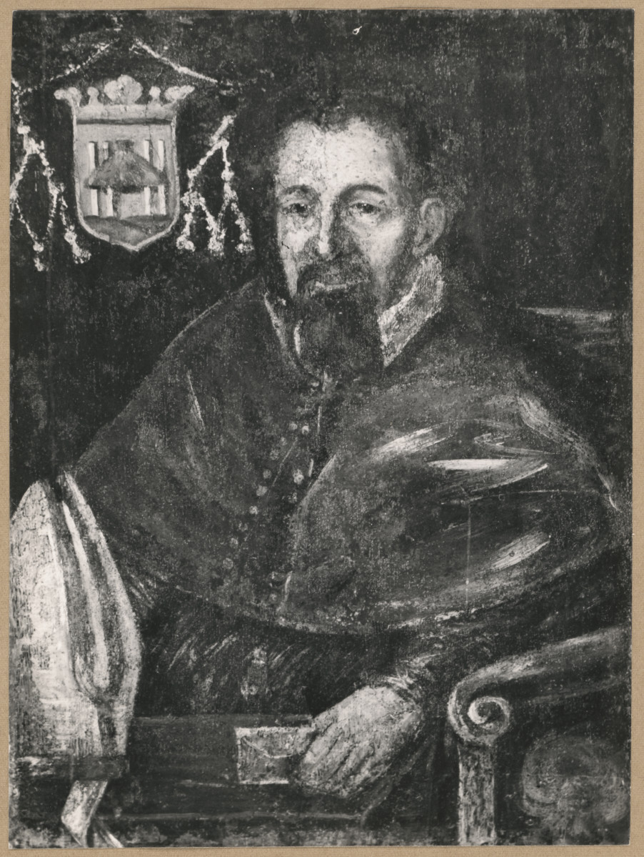 Pałac biskupów - wnętrze, d. sala jadalna, ściana północna, fryz - polichromia, portret bpa Piotra Wysza, skan 1