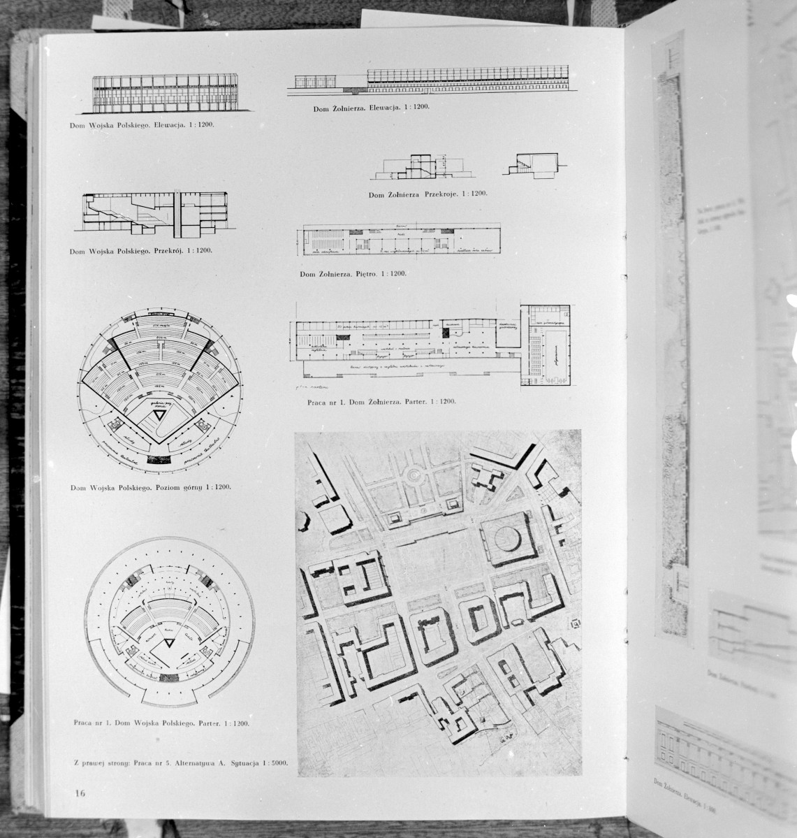 Praca konkursowa nr. 5. Rysunki techniczne Domu Żołnierza. . źródło "Architektura" 8/9 1948 rok., skan 1