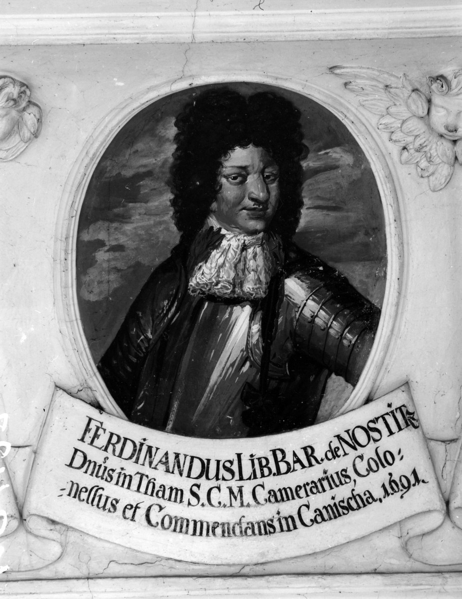 pałac - wnętrze: portret Ferdunanda Nostitza w fasecie sali (balowej) antenatów, skan 1