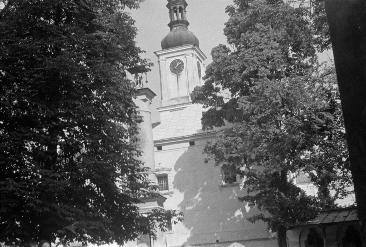 klasztor - kolumna z Chrystusem Frasobliwym i elewacja budynków, skan 1