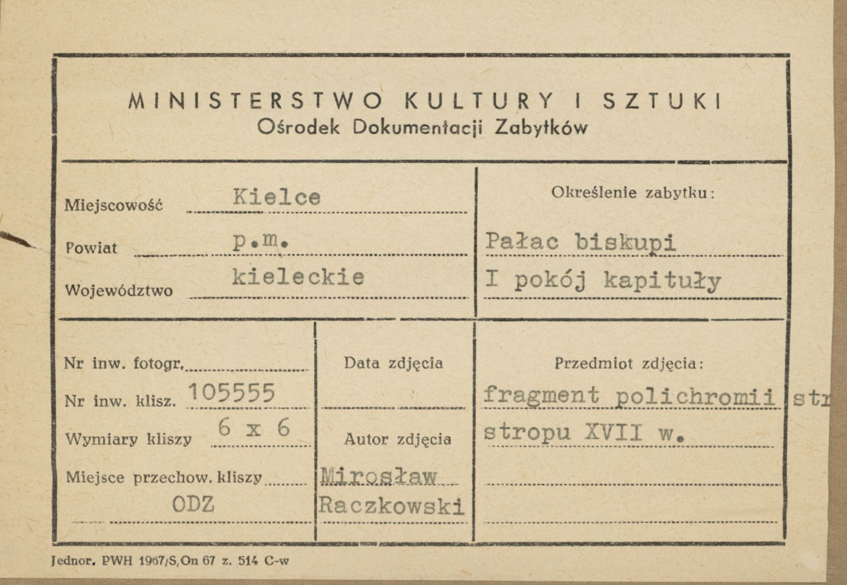 Pałac biskupów - wnętrze , I pokój kapituły,  fragment polichromii stropu - metryczka, skan 1