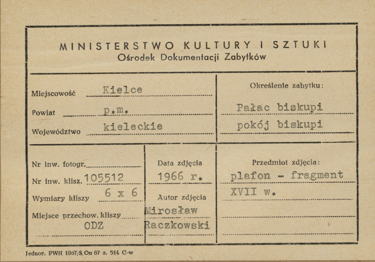 Pałac biskupów - wnętrze, pokój biskupi, plafon ze sceną Sądu nad arianami - fragment - metryczka, skan 1