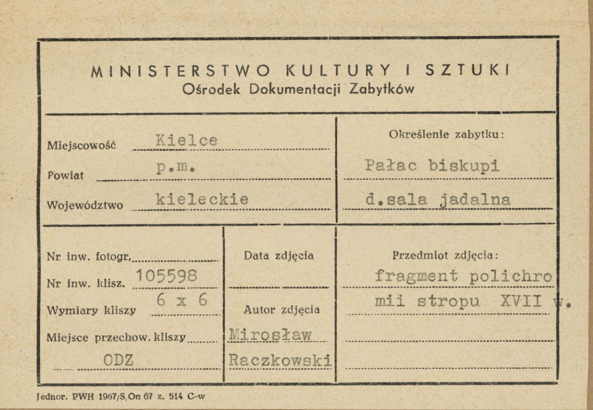 Pałac biskupów - wnętrze, d. sala jadalna, fragment polichromii stropu - metryczka, skan 1