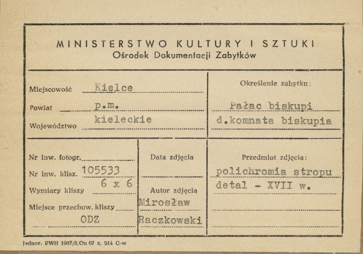 Pałac biskupów - wnętrze , d. komnata biskupia, fragment polichromii stropu - metryczka, skan 1