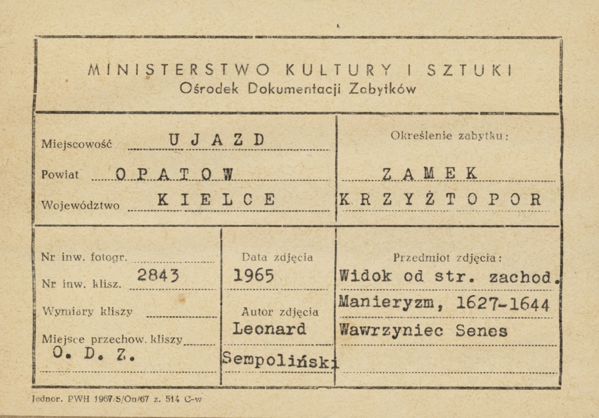 Ruiny zamku  Krzyżtopór  -  widok ogólny od strony  zach. - metryczka, skan 1