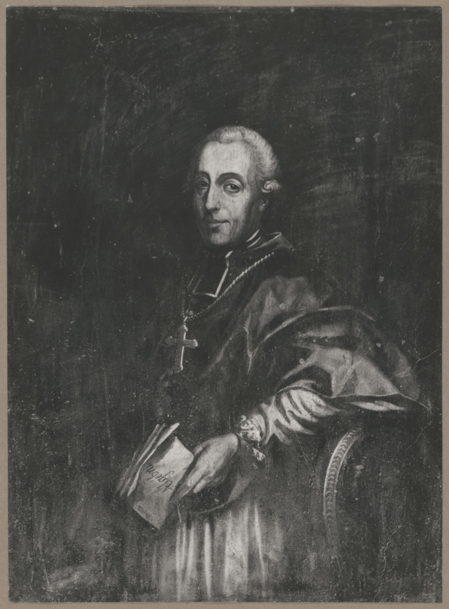 Pałac biskupów - wnętrze, d. sala jadalna, ściana wschodnia, fryz - polichromia, portret duchownego, skan 1