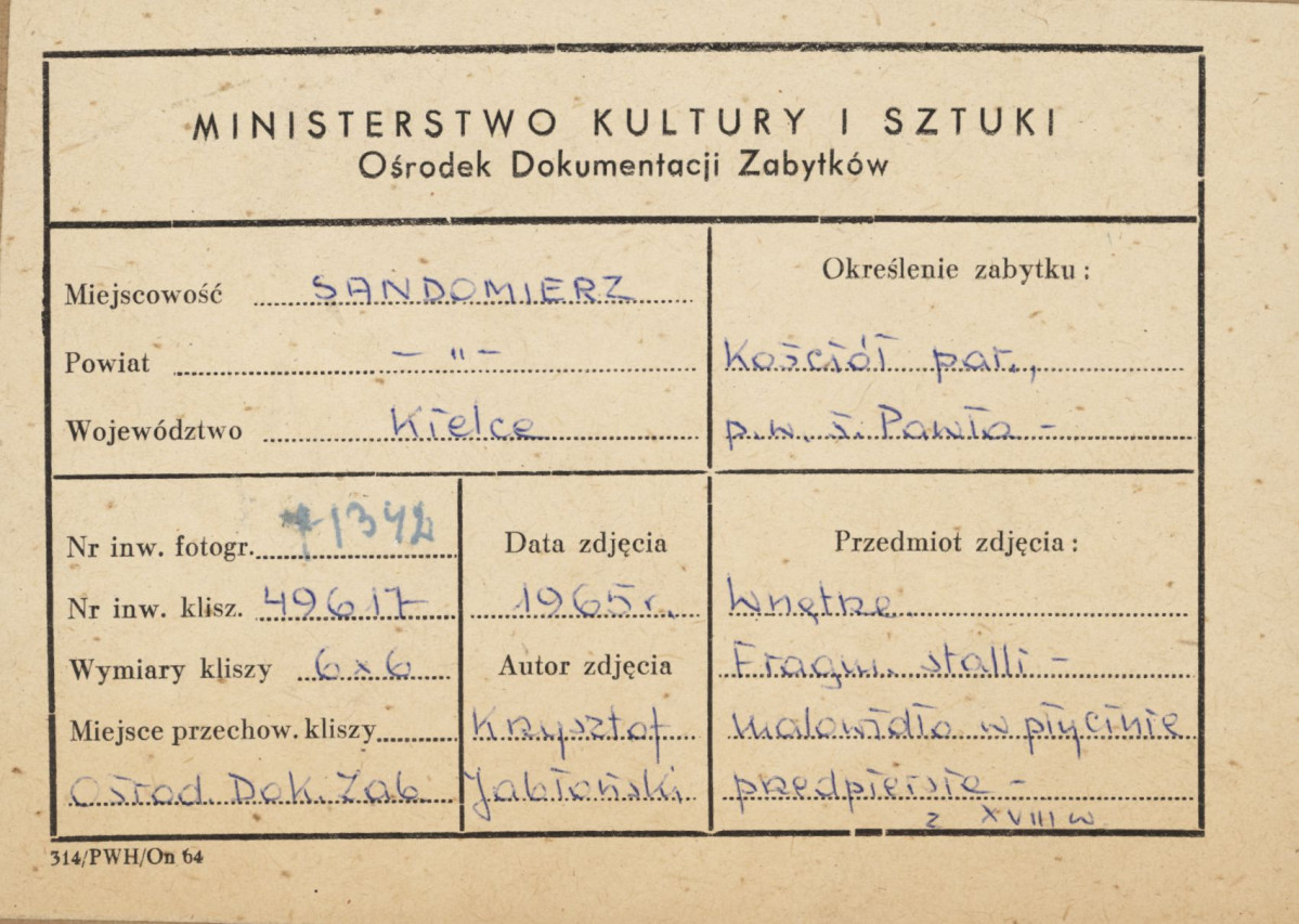 Kościół parafialny pw. św. Pawła - wnętrze, fragment stali, obraz na płycinie przedpiersia - metryczka, skan 1