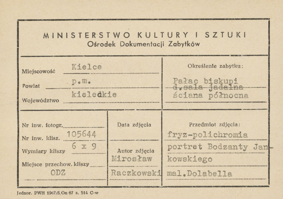 Pałac biskupów - wnętrze, d. sala jadalna, ściana północna, fryz - polichromia, portret Bodzanty Jankowskiego - metryczka, skan 1