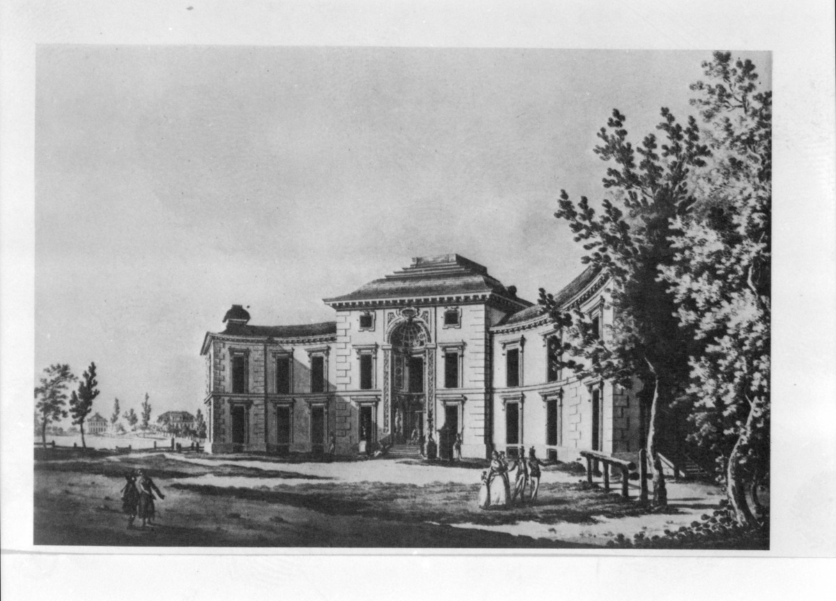 Łazienki Królewskie. Pałac Myślewicki (malowidło Z. Vogel 1794)
Reprodukcja M. Kwiatkowski "Łazienki - Belweder" 1986., skan 1