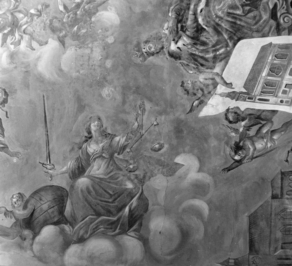 pałac, 1. połowa XVIII w. - wnętrze: malowidło ścienne z widokiem kościołem parafialnego, skan 1