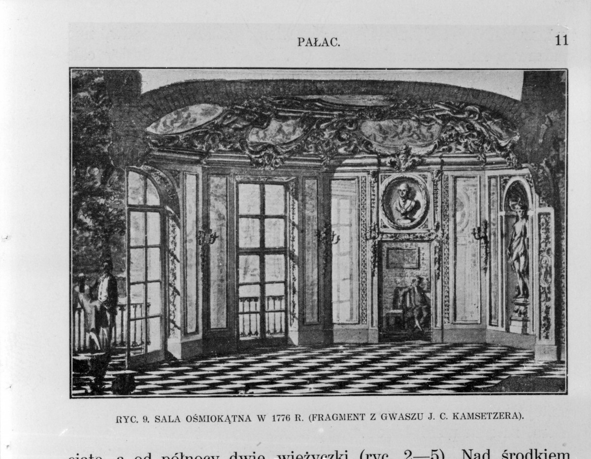 Łazienki Królewskie. Sala Ośmiokątna (fragment z gwaszu J. C. Kamsetzer 1776).
Reprodukcja z W. Tatarkiewicz "Pięć studiów o Łazienkach St. Augusta" 1925, skan 1