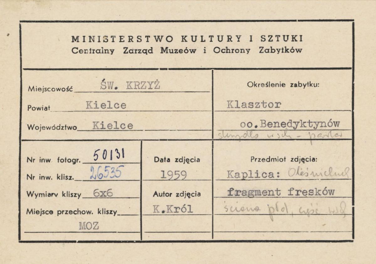 Zespół klasztorny na Świętym Krzyżu - wnętrze klasztoru, kaplica Oleśnickich, fragment malowideł ściennych  - metryczka, skan 1