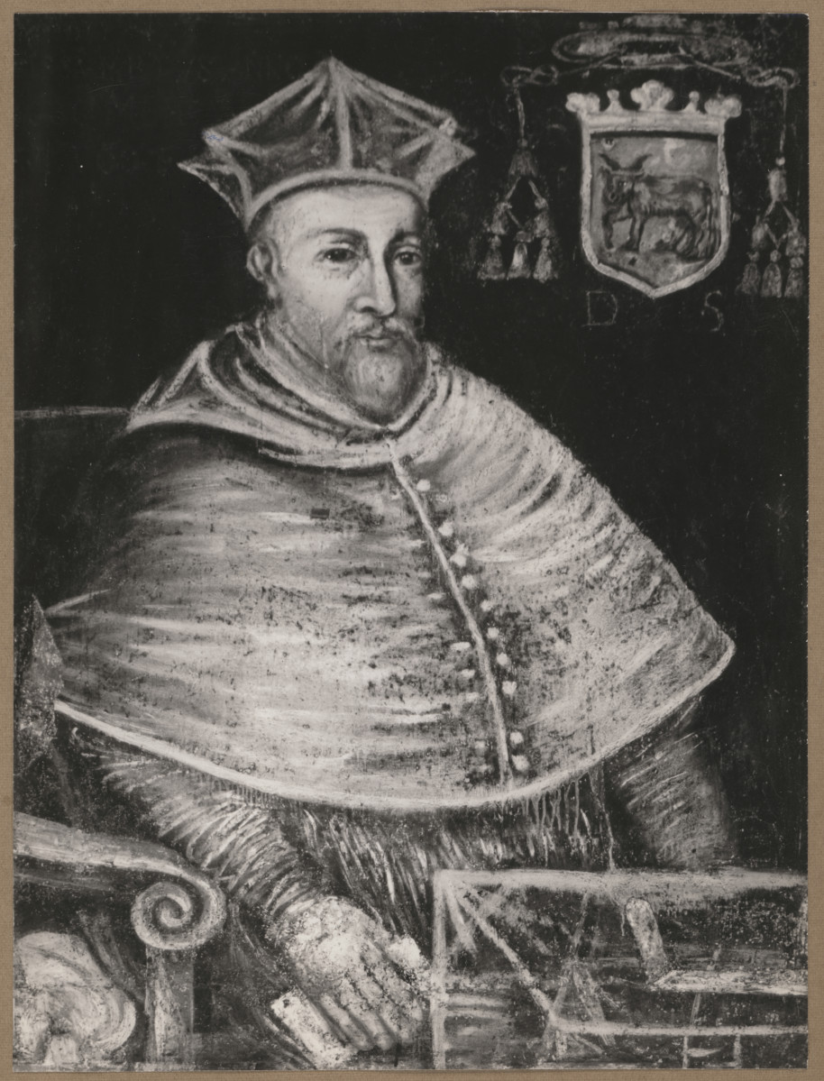 Pałac biskupów - wnętrze, d. sala jadalna, ściana południowa, fryz - polichromia, portret biskupa Bernarda Maciejowskiego, skan 1