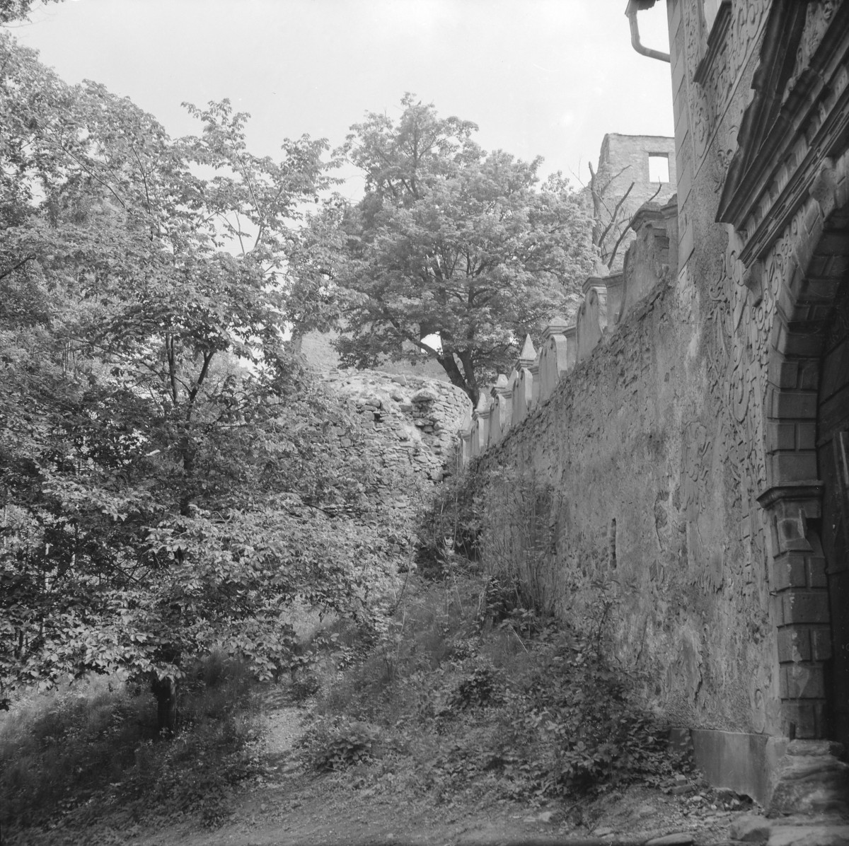 Zamek Grodno. Fragment murów obronnych i portalu bramy., skan 1