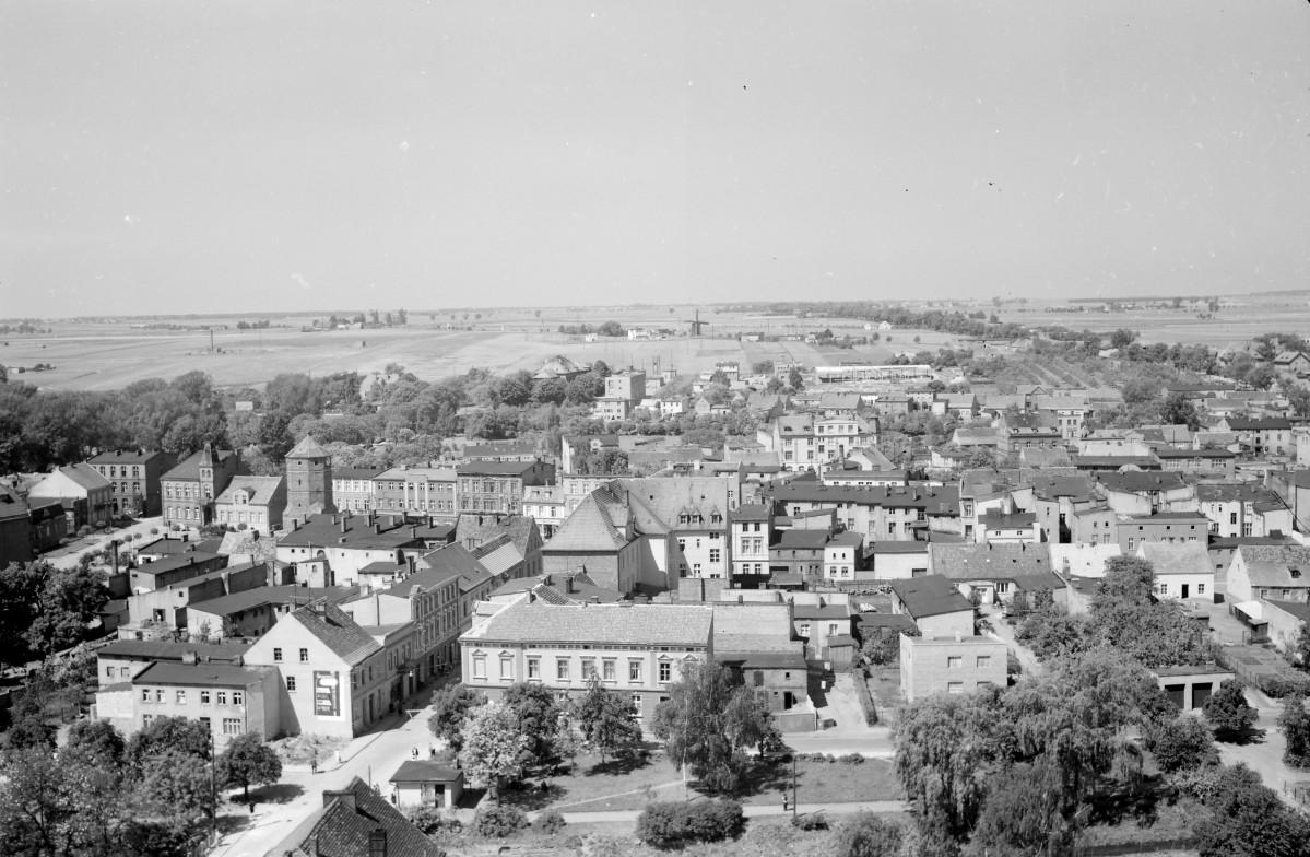 Panorama miasta - zabudowa miejska z wieżą ratuszową po lewej stronie., skan 1