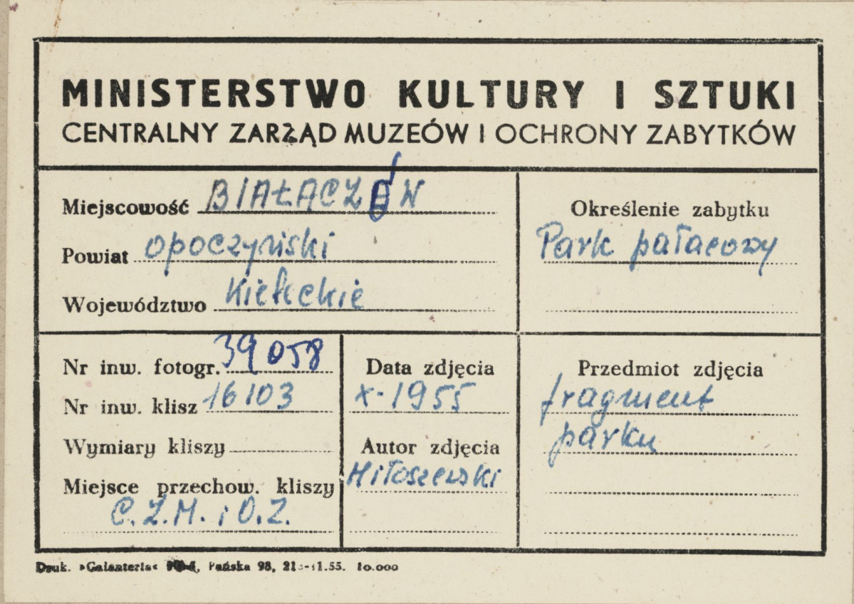Zespół pałacowo - parkowy,  fragment parku - starodrzew - metryczka, skan 1
