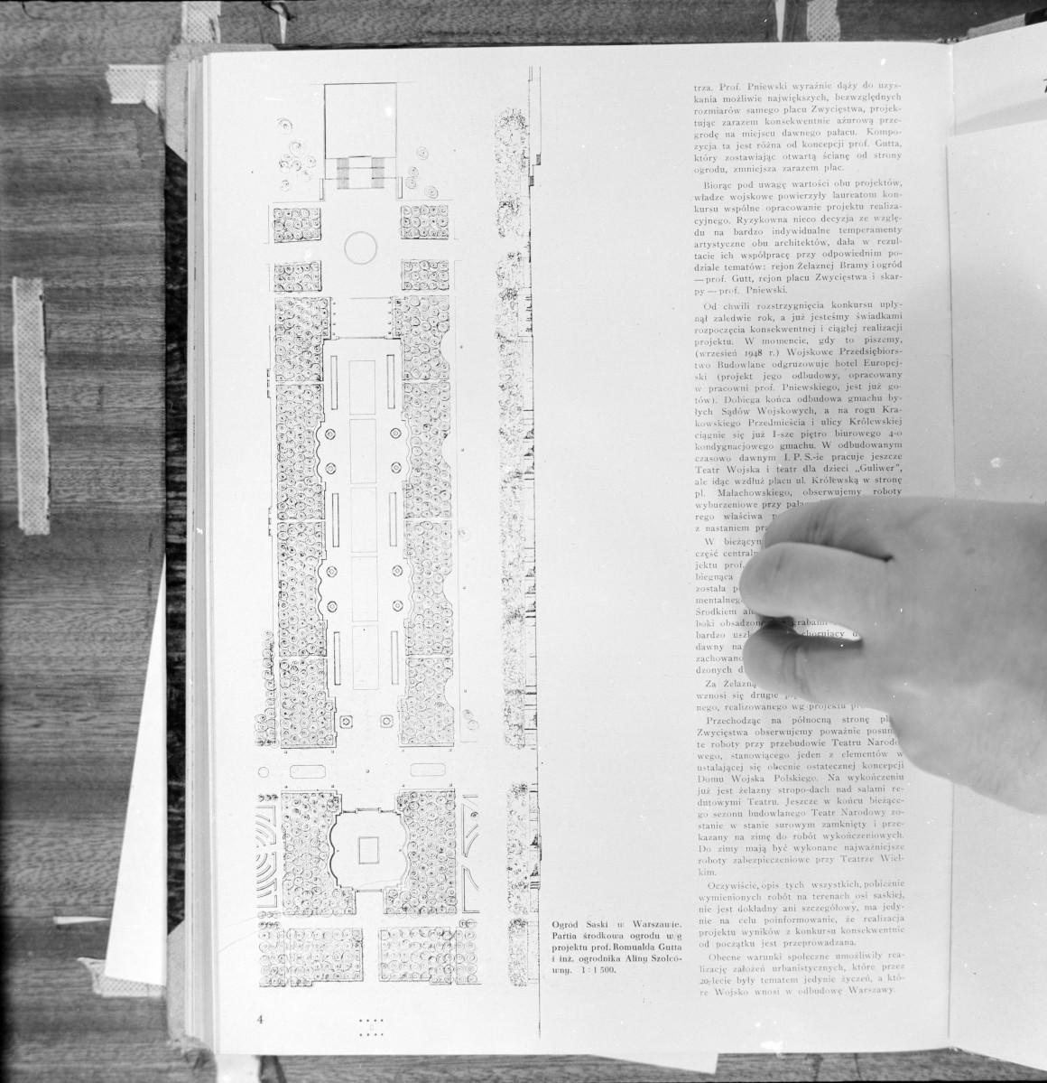 Ogród Saski w Warszawie. Partia środkowa ogrodu w/g projektu prof. Romualda Gutta i inż. ogrodnika Aliny Szolcówny 1:1500 
źródło "Architektura" 8/9 1948 rok., skan 1