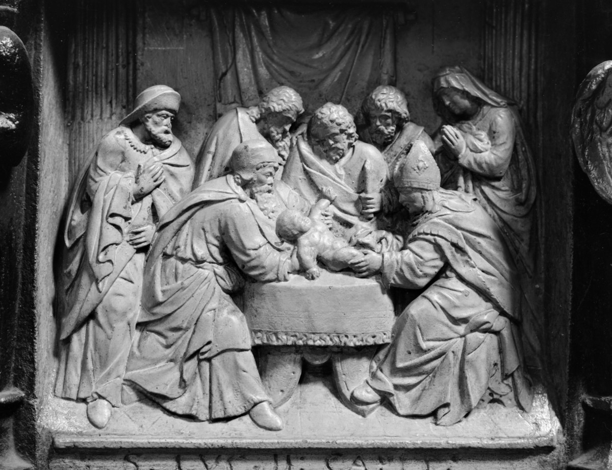 katedra św. Stanisława i św. Wacława - kaplica chrzcielna (łaziebników), płaskorzeźba na chrzcielnicy, skan 1